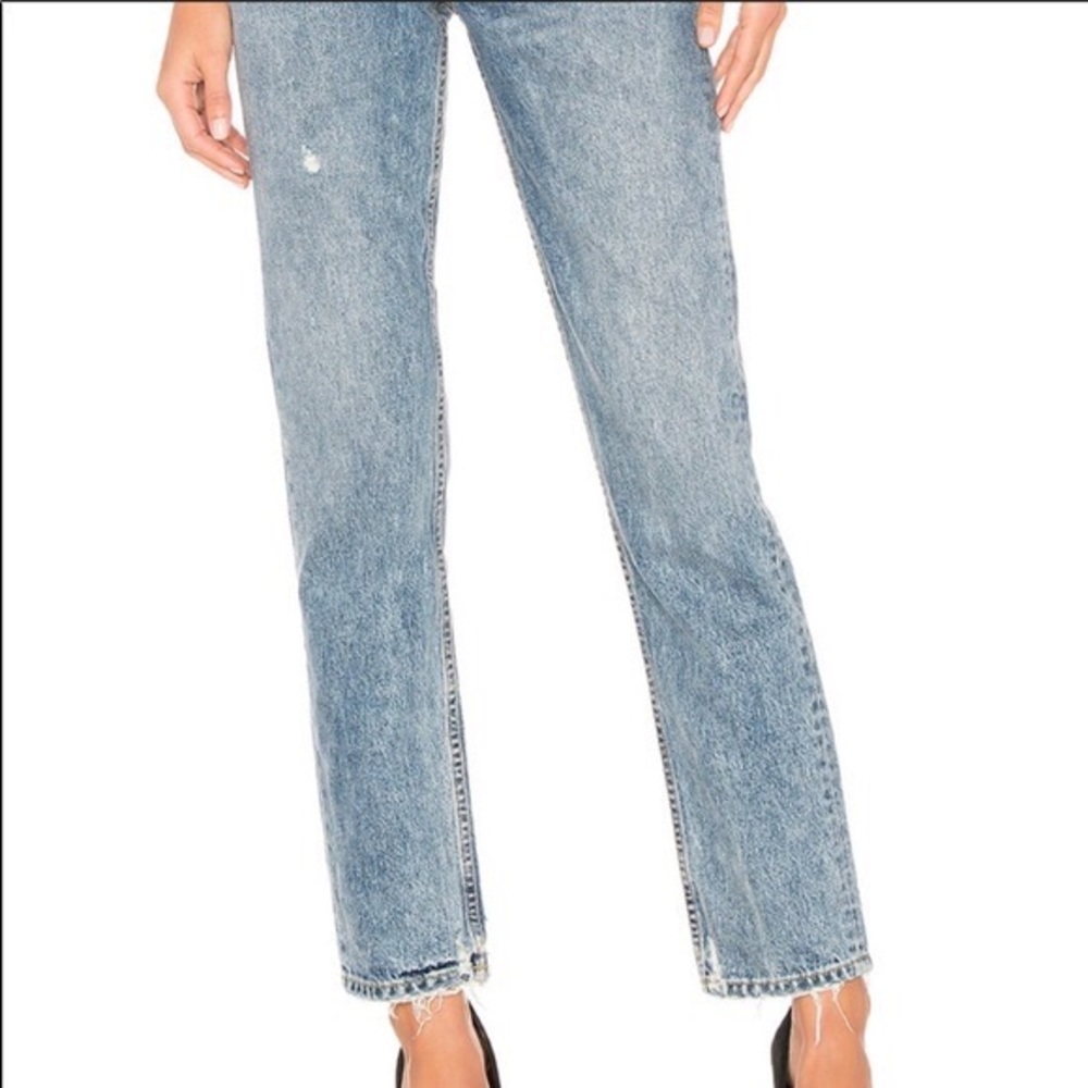 GRLFRND high rise raw denim distressed jeans